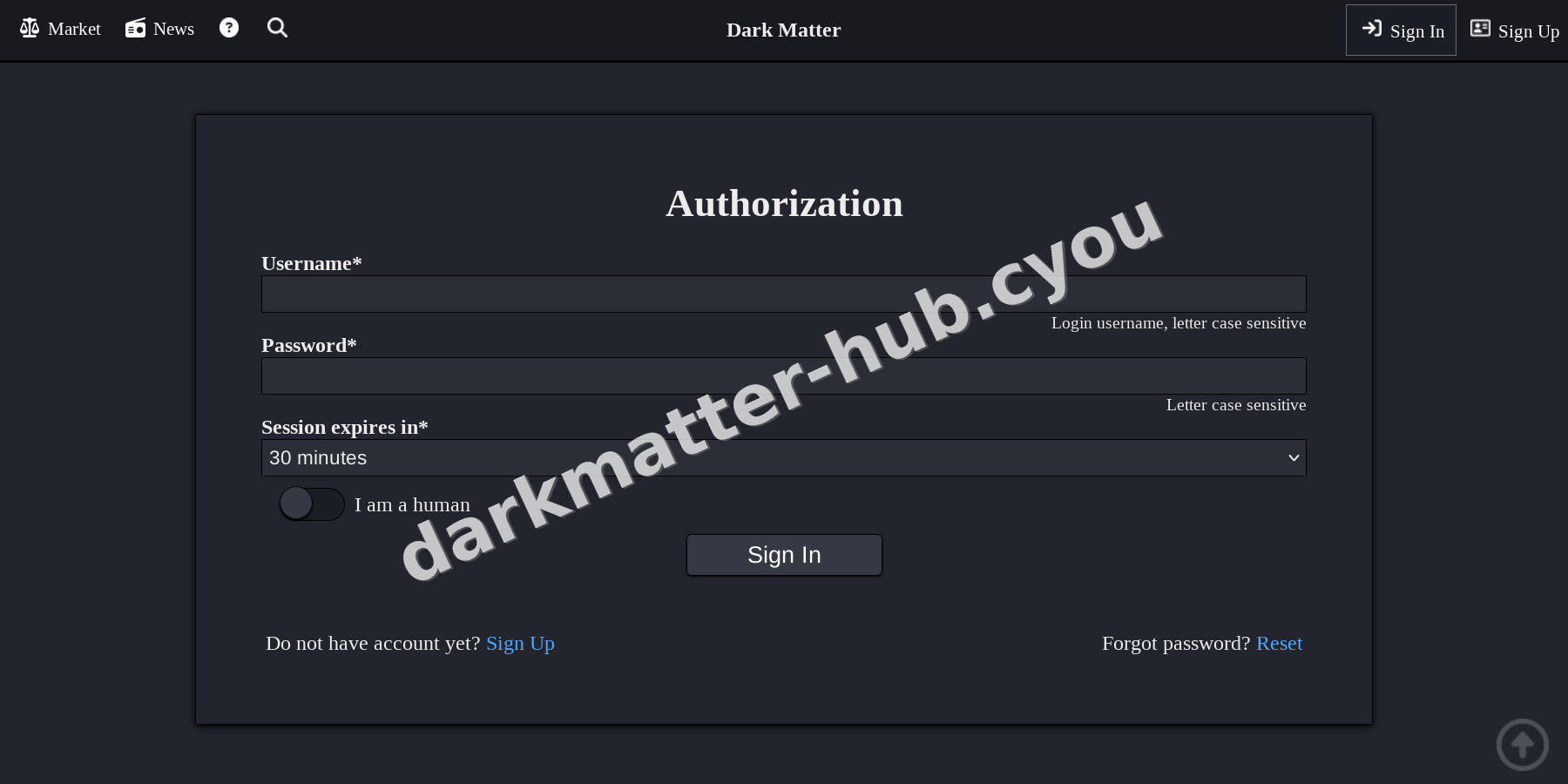 Darkmatter Market interface — view 2