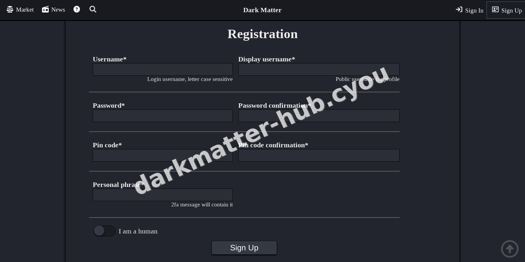 Darkmatter Market interface — view 3